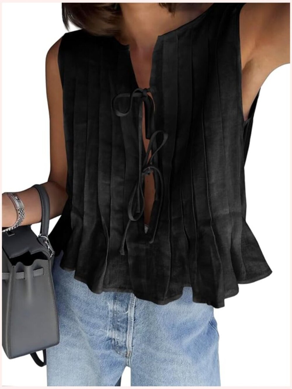 Bow Front Tie Tank Top Pleated Babydoll Sleeveless Coquette Shirt